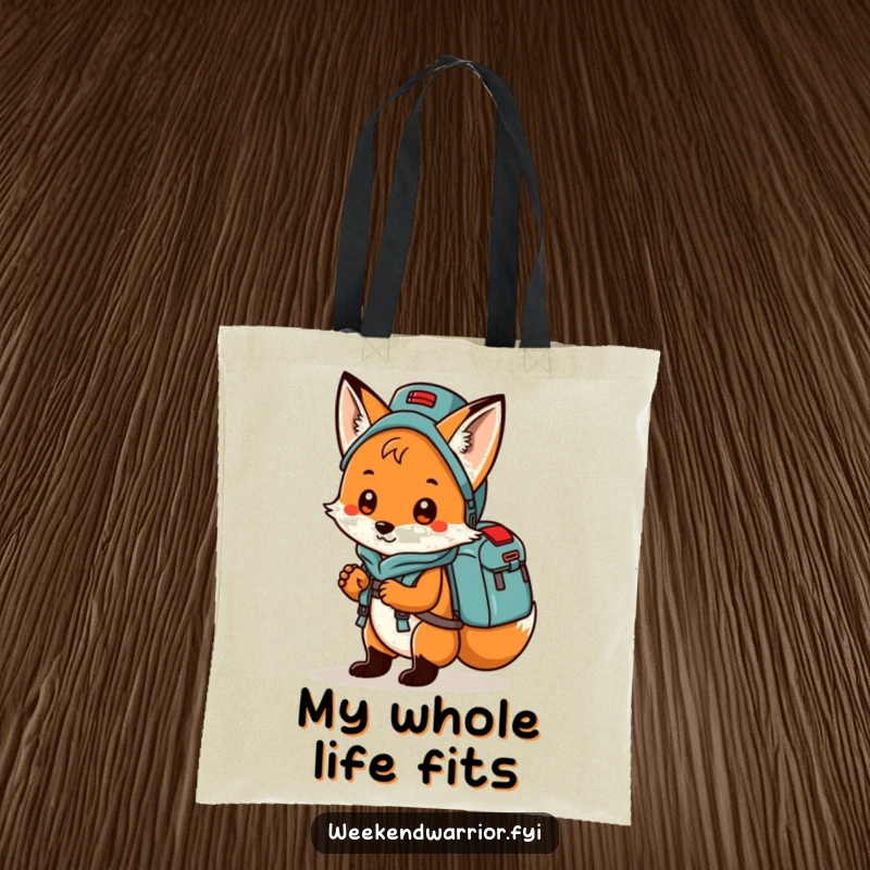 Funny fox loaded with a camping backpack, ready for a trip, featured on a durable tote bag.