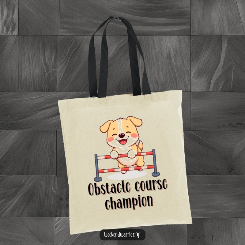 Funny dog tote bag illustrating a giggling dog skillfully maneuvering a miniature obstacle course, capturing a moment of pure amusement.