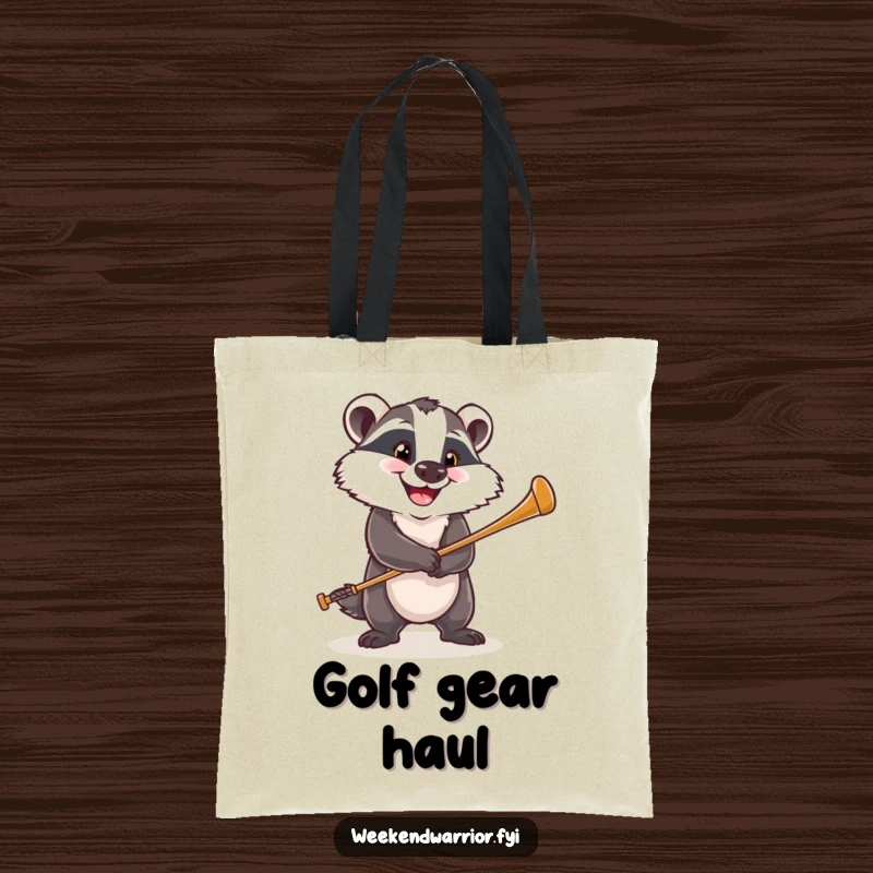 Funny tote bag featuring a happy badger with a determined grin, swinging a golf club, ready for any course.
