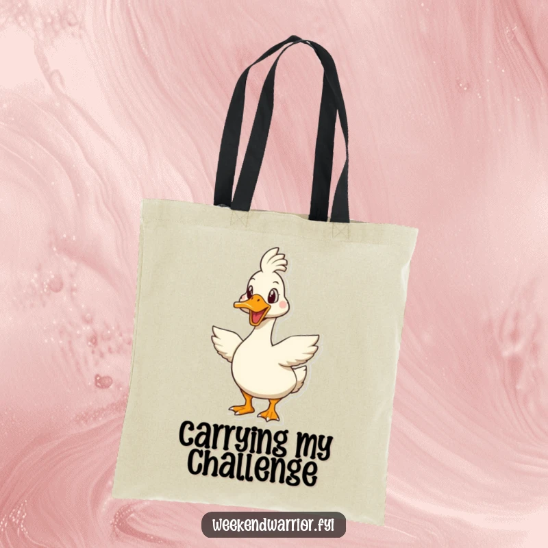 Funny goose tote bag featuring an enthusiastic goose character ready to take on any challenge, perfect for daily errands.