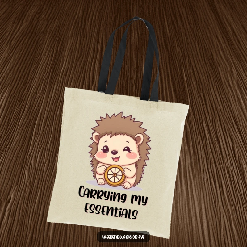 Funny tote bag with a happy hedgehog using a makeshift compass, practical for carrying items with a whimsical and adventurous design.
