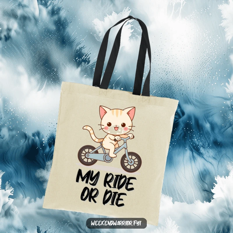 Funny Kawaii cat character riding a bike with great speed on a tote bag, emphasizing playful energy.