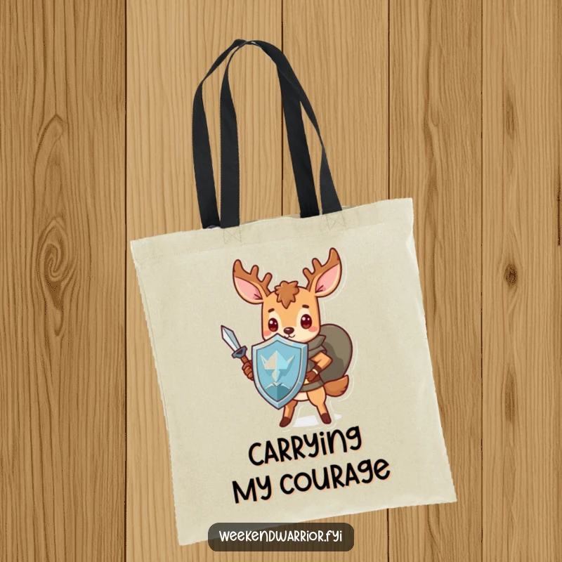 Funny Kawaii deer tote bag, featuring a brave warrior with a sword and shield, emphasizing strength and humor.