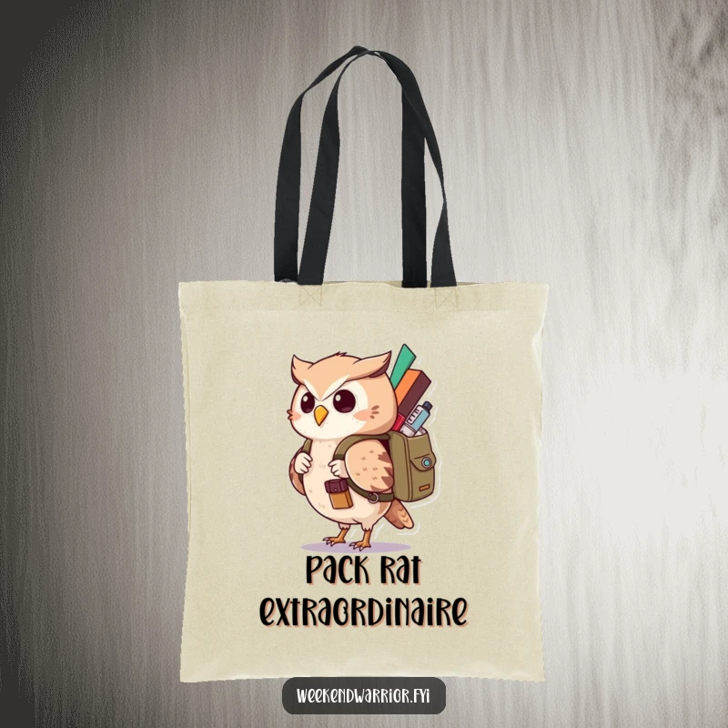 Funny Kawaii Owl Tote Bag showcasing a curious character with a backpack, perfect for everyday adventurous humor. Excellent funny gift.