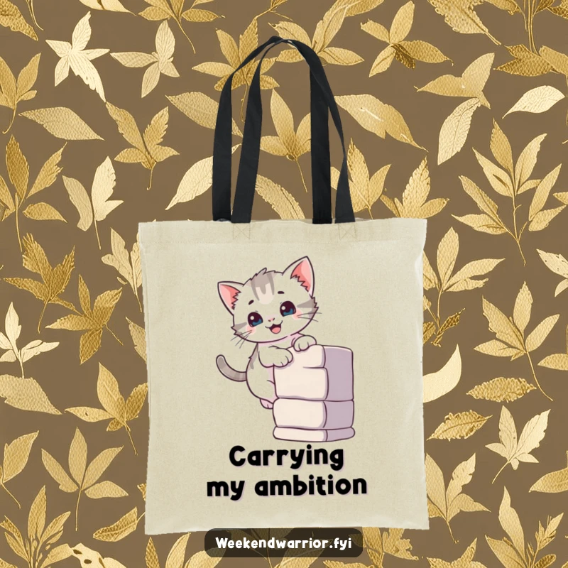 Funny tote bag showing a curious kitten smiling while climbing a small wall, great for everyday use.