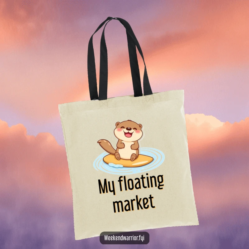 Funny tote bag featuring a happy otter character jubilantly paddleboarding across a shimmering blue pond, ideal for carrying daily items.