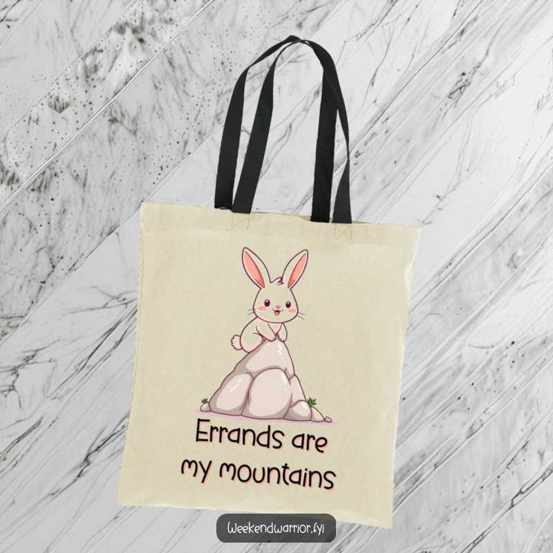 Funny rabbit smiling as it climbs a small rock formation, depicted humorously on a tote bag.