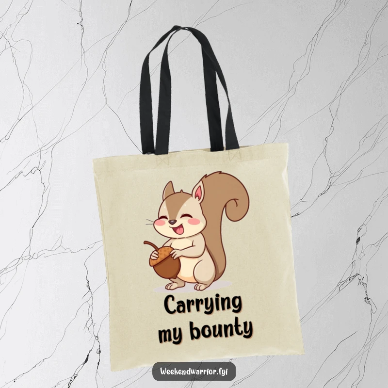 Funny squirrel muscle tote bag featuring a giggling squirrel flexing its bicep after lifting an acorn, perfect for carrying essentials.