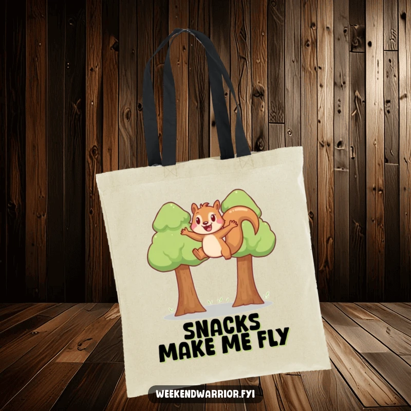 Funny joyful squirrel leaping between two trees, depicted humorously on a tote bag.