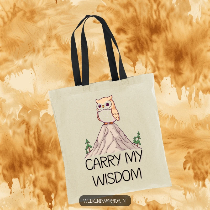 Funny Kawaii owl tote bag, wisely surveying a landscape from a tiny mountain, perfect for carrying essentials.