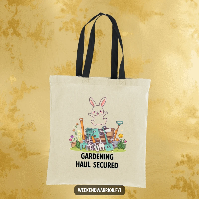 Funny tote bag with a determined rabbit character leaping over gardening tools, great for carrying garden essentials.