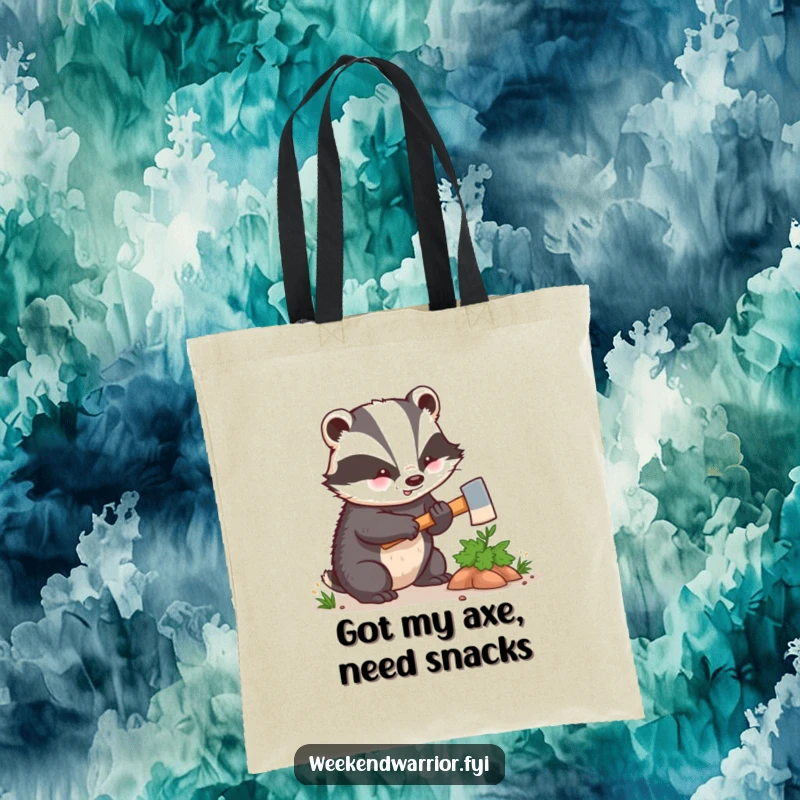 Funny kawaii badger enthusiastically hacking a small bush with a tiny axe, printed on a reusable tote bag. A humorous and practical accessory.