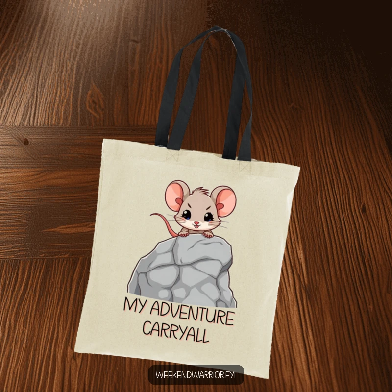 Funny tote bag showcasing a brave mouse character scaling a small rock face with grit, ideal for carrying essentials on any expedition.