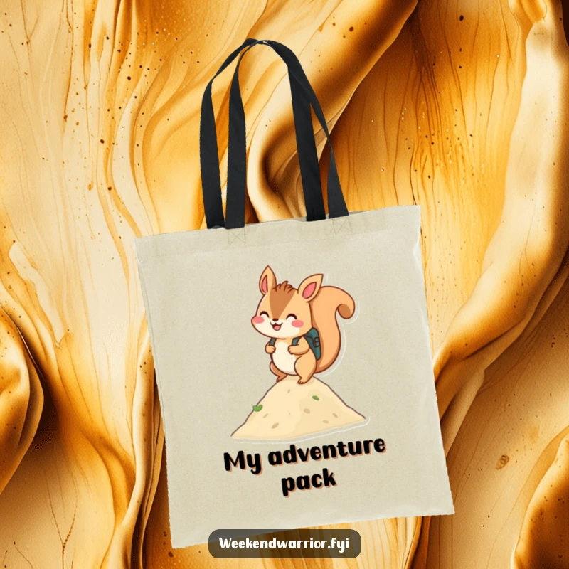 Funny tote bag: A smiling squirrel with a backpack climbing a small hill, ready to carry your belongings.