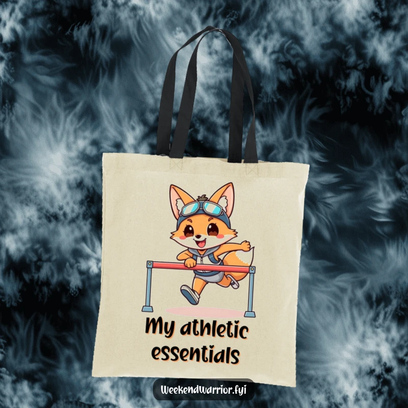 Funny tote bag with a smiling fox in athletic gear jumping over a hurdle, perfect for gym and sports essentials.