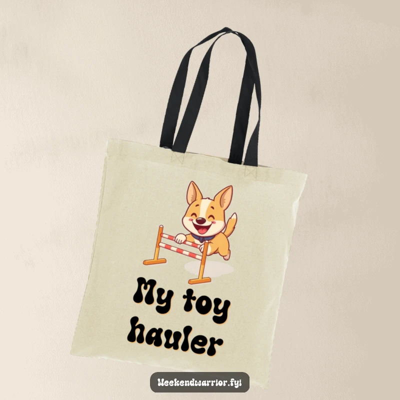 Funny tote bag: A happy dog bounding through a small obstacle course, perfect for carrying your items.