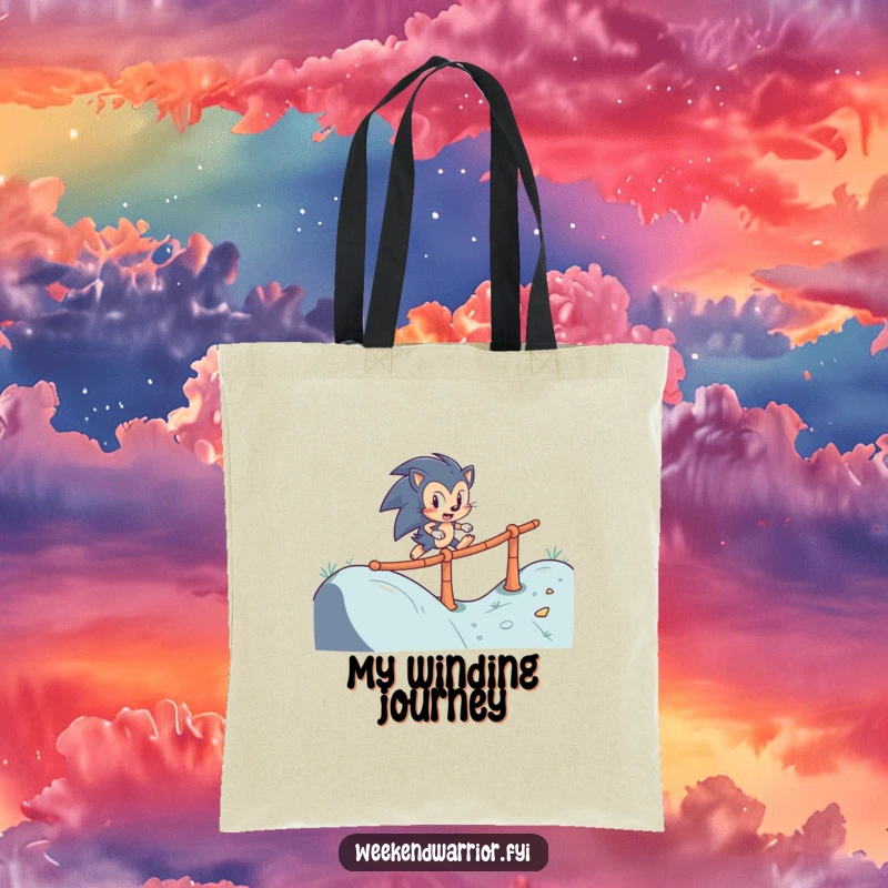 Funny tote bag featuring a determined hedgehog character skillfully navigating a winding obstacle course, ideal for carrying daily essentials.