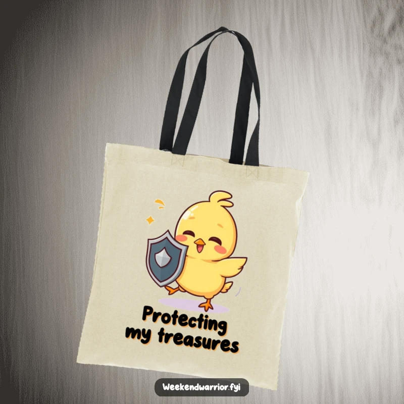 Funny chick tote bag with a giggling yellow character holding a tiny shield and dodging imaginary attacks, practical and humorous.