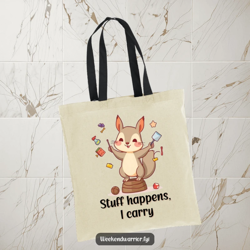 Funny tote bag depicting a zany squirrel juggling various items, looking precariously balanced but utterly delighted.